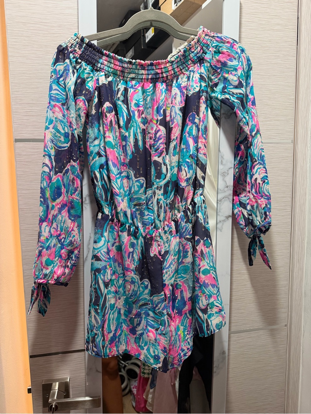 Lilly Pulitzer Off-Shoulder Floral Romper in Navy, Teal & Pink